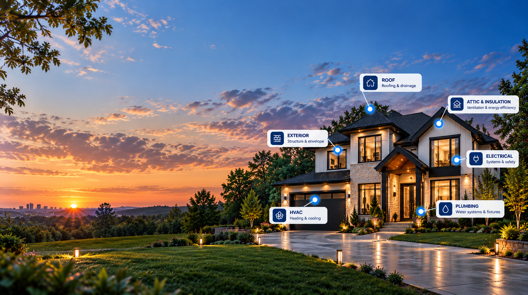 Luxury home at sunset with roof, attic, exterior, electrical, HVAC and plumbing inspection points highlighted